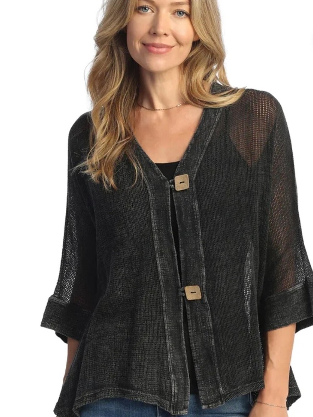 Jess & Jane 1X Black Mineral Washed Mesh Cardigan Boho Lightweight Lagenlook NEW